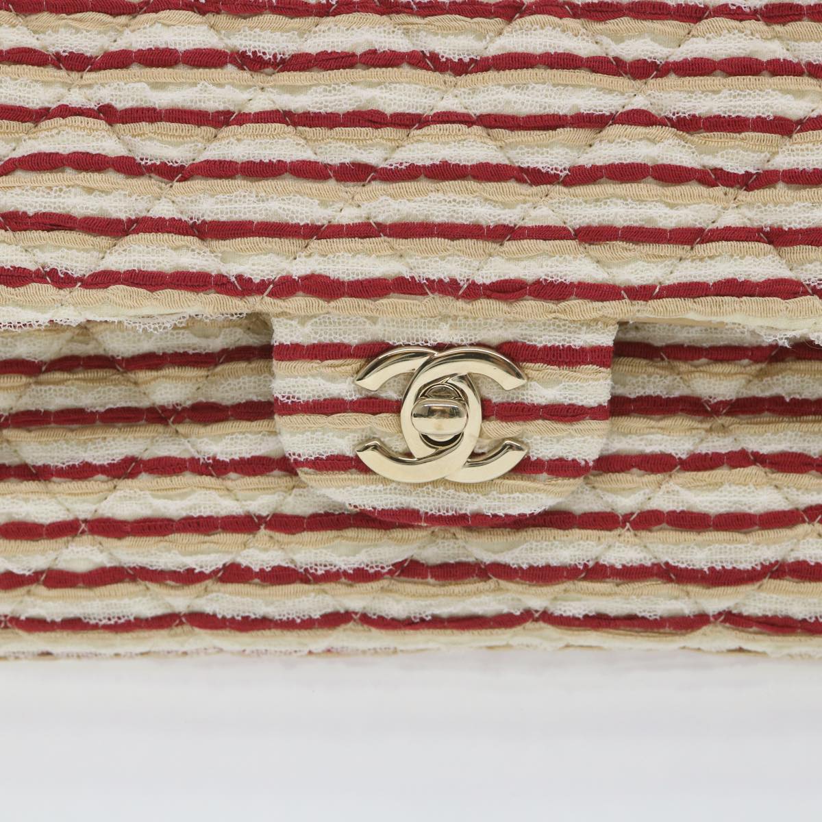 CHANEL Quilted Matelasse Chain Shoulder Bag Canvas Red Beige CC Auth 58343S