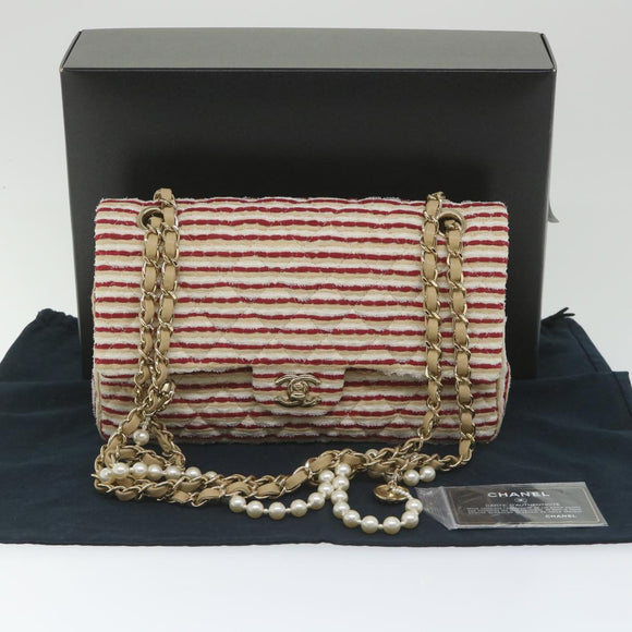 CHANEL Quilted Matelasse Chain Shoulder Bag Canvas Red Beige CC Auth 58343SM