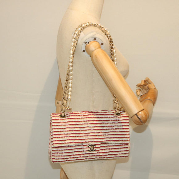 CHANEL Quilted Matelasse Chain Shoulder Bag Canvas Red Beige CC Auth 58343SM