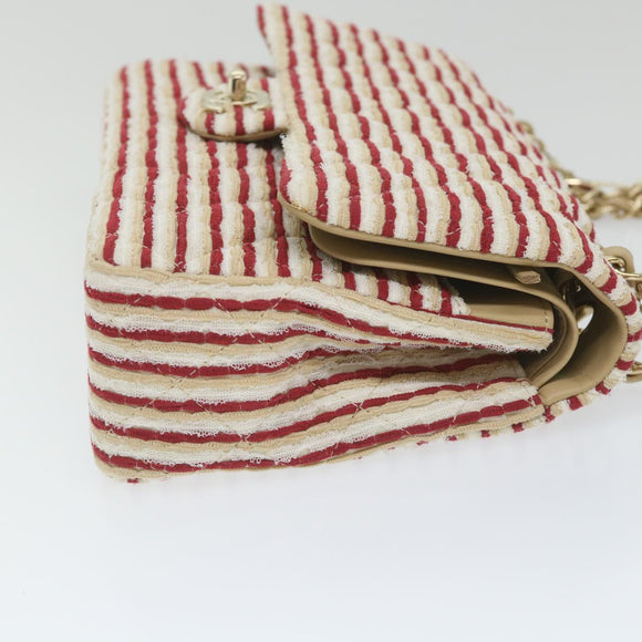 CHANEL Quilted Matelasse Chain Shoulder Bag Canvas Red Beige CC Auth 58343SM