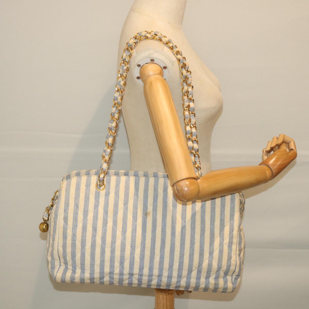 CHANEL Quilted Chain Big Matelasse Shoulder Bag Canvas Light Blue CC Auth 58349A