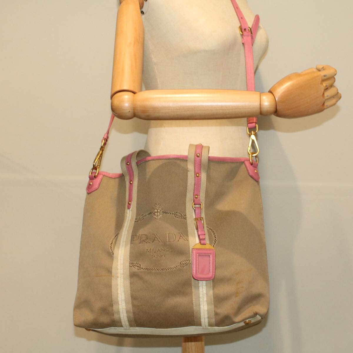 PRADA Shoulder Bag Canvas 2way Beige Pink Auth 58771