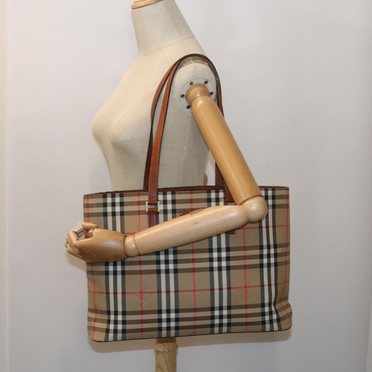 BURBERRY Nova Check Tote Bag Canvas Beige Auth 58818