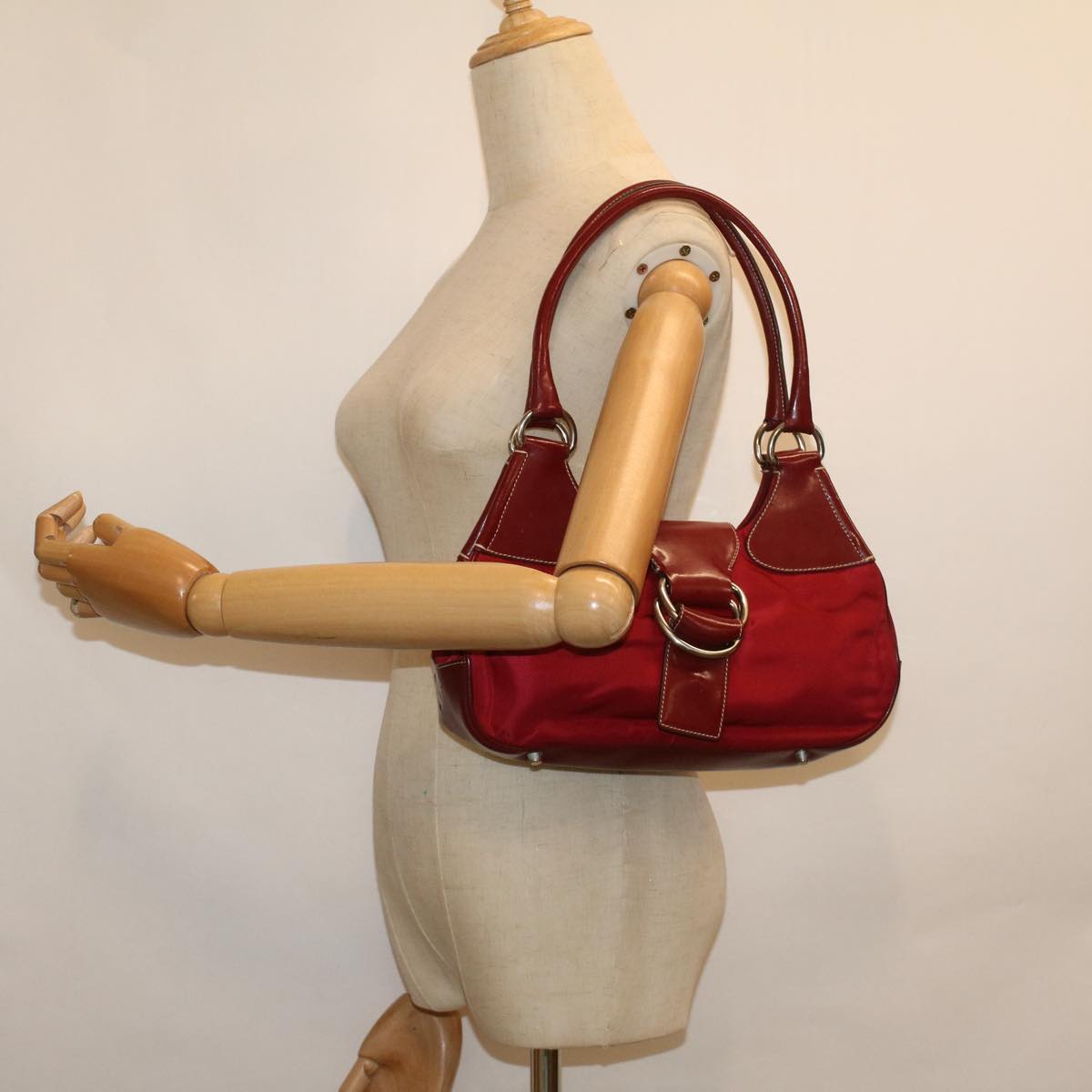 PRADA Hand Bag Nylon Leather Red Auth 58916