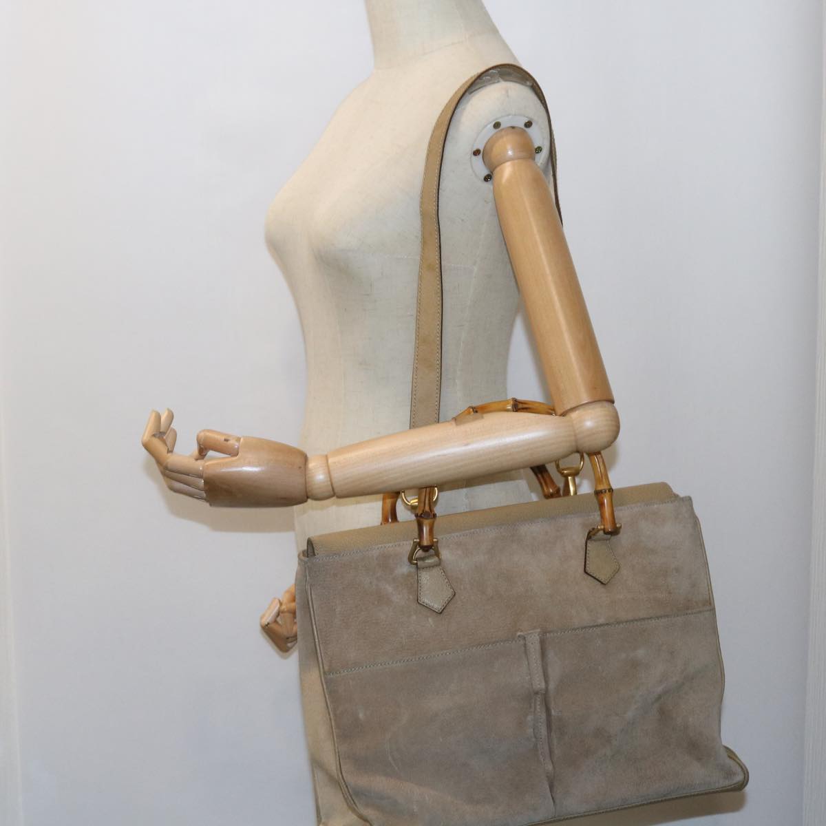 GUCCI Bamboo Shoulder Bag Suede 2way Beige 002 123 0322 Auth 59066