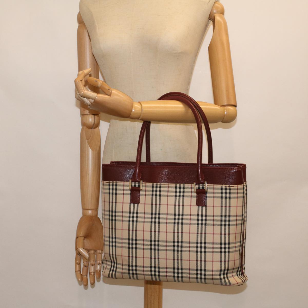 BURBERRY Nova Check Tote Bag Canvas Beige Auth 59160