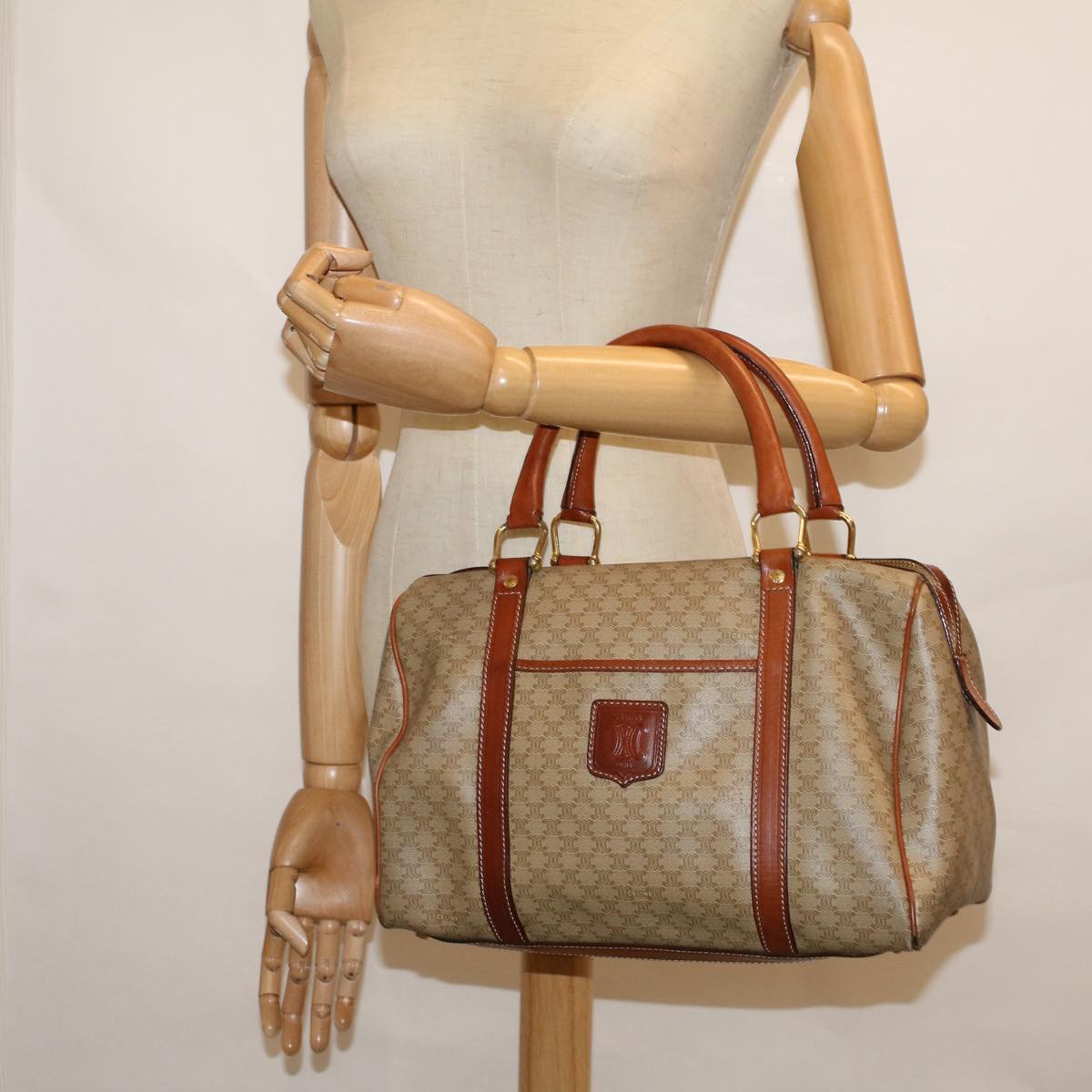 CELINE Macadam Canvas Hand Bag PVC Leather Beige Auth 59247