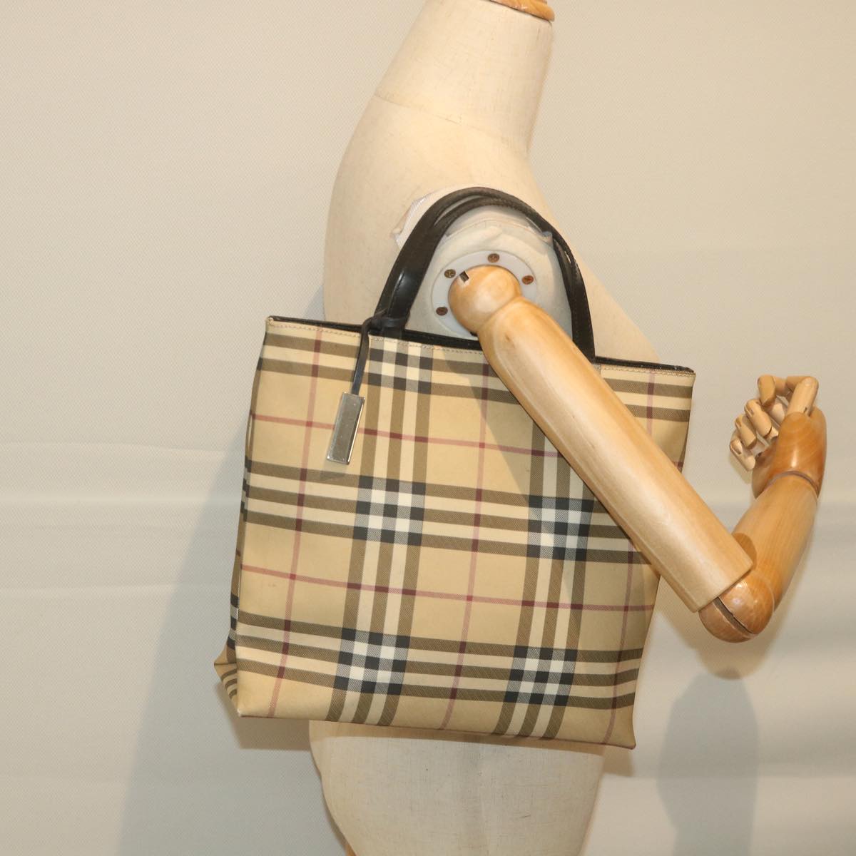 BURBERRY Nova Check Hand Bag PVC Leather Beige Auth 59706