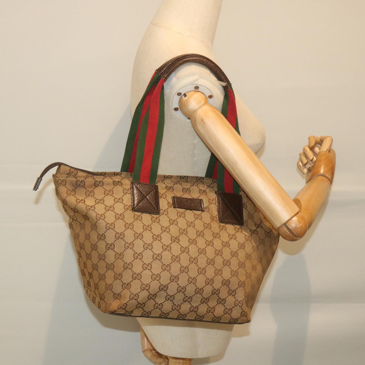 GUCCI GG Canvas Web Sherry Line Tote Bag Beige Red Green 131230 Auth 59707