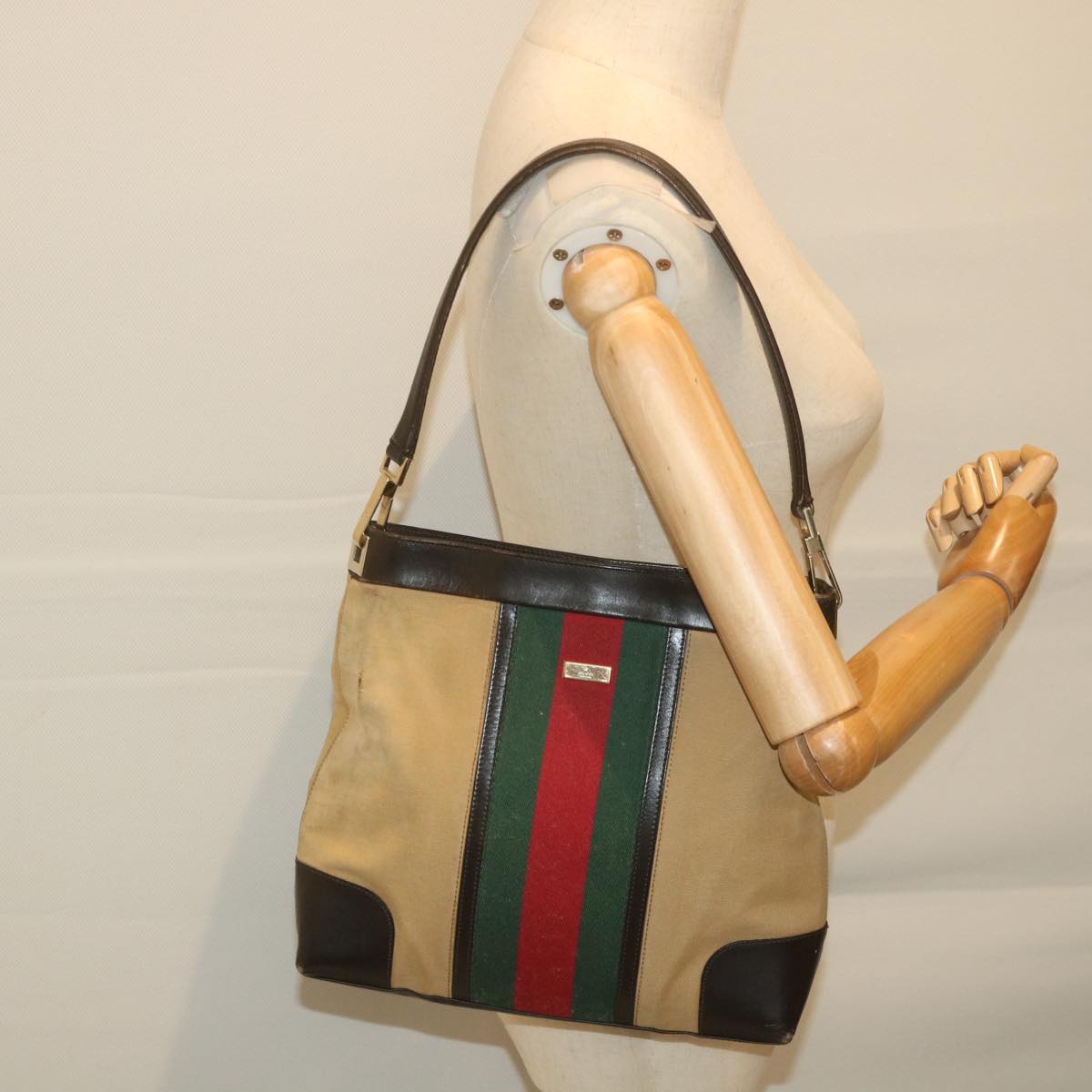 GUCCI Web Sherry Line Shoulder Bag Canvas Beige Red 001 4231 1705 Auth 59714