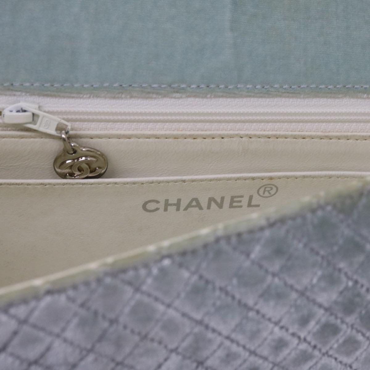 CHANEL Matelasse Chain Shoulder Bag Velor Light Blue CC Auth 59868A