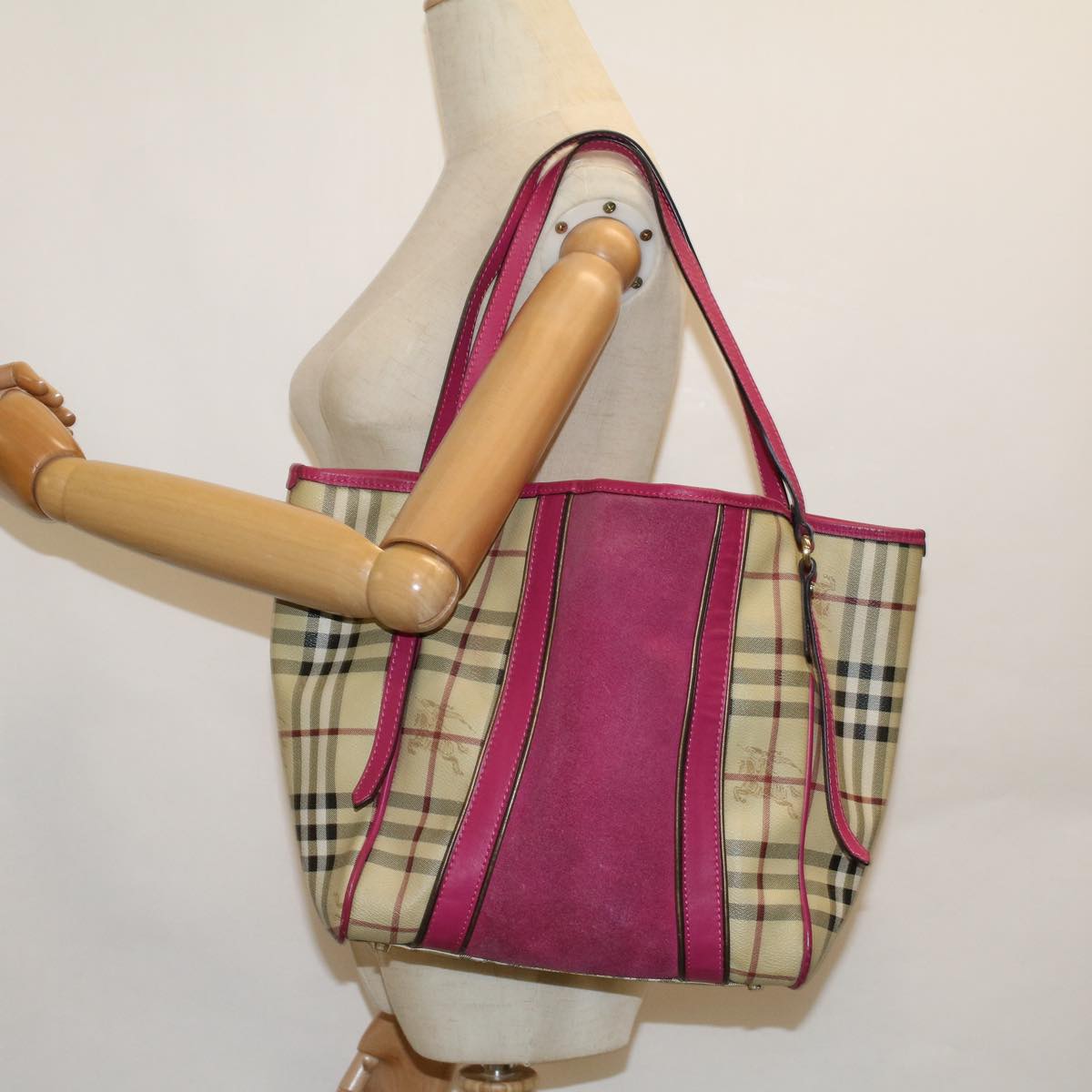 BURBERRY Nova Check Tote Bag PVC Leather Beige Pink Auth 59896