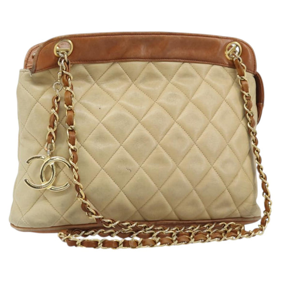 CHANEL Matelasse Chain Shoulder Bag Lamb Skin Beige CC Auth 59907A