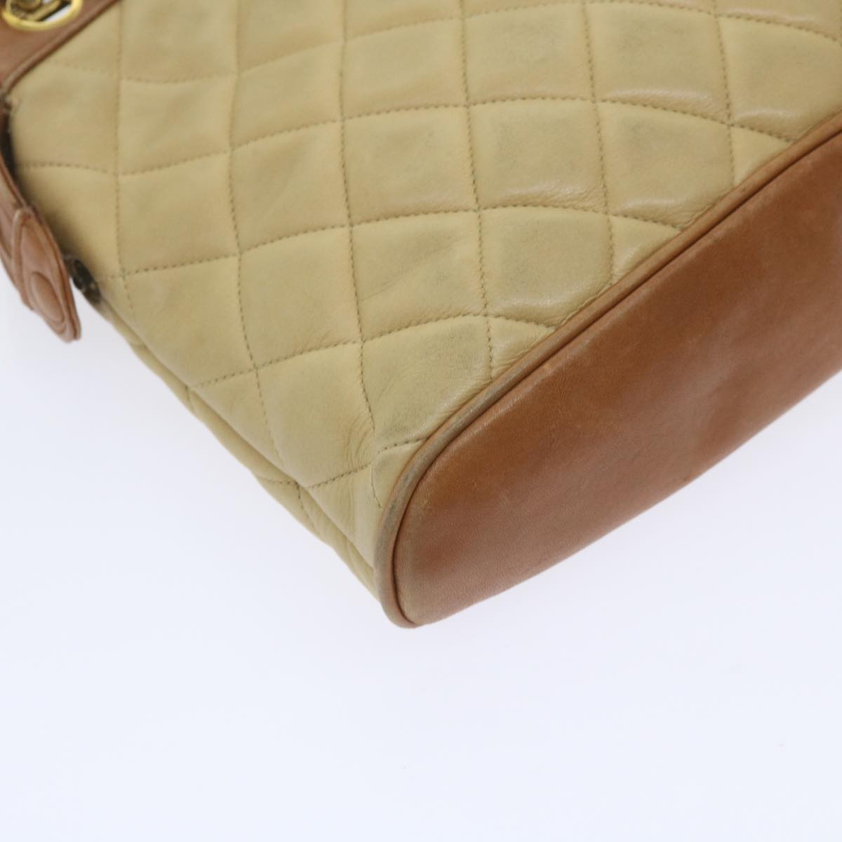 CHANEL Matelasse Chain Shoulder Bag Lamb Skin Beige CC Auth 59907A