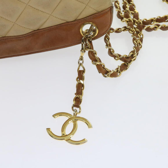 CHANEL Matelasse Chain Shoulder Bag Lamb Skin Beige CC Auth 59907A
