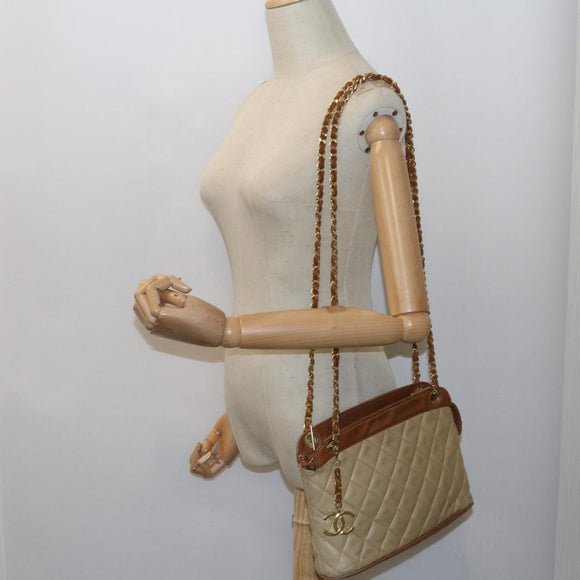 CHANEL Matelasse Chain Shoulder Bag Lamb Skin Beige CC Auth 59907A
