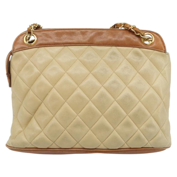 CHANEL Matelasse Chain Shoulder Bag Lamb Skin Beige CC Auth 59907A