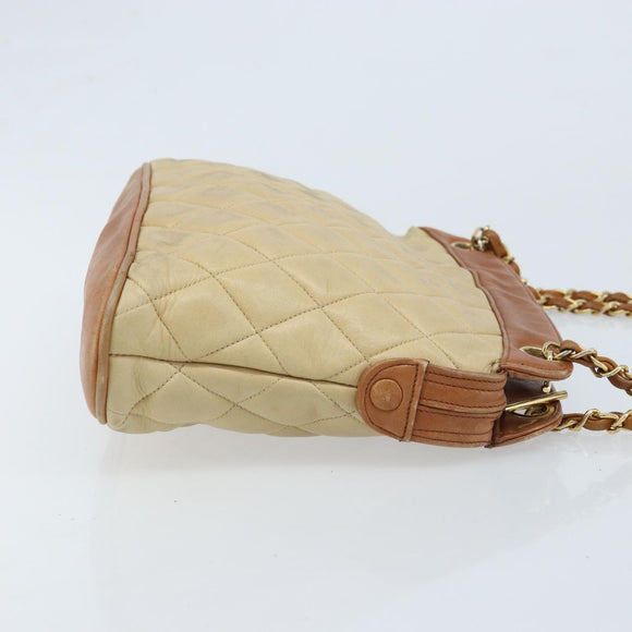 CHANEL Matelasse Chain Shoulder Bag Lamb Skin Beige CC Auth 59907A