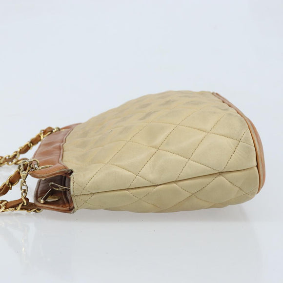 CHANEL Matelasse Chain Shoulder Bag Lamb Skin Beige CC Auth 59907A