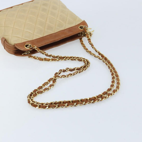 CHANEL Matelasse Chain Shoulder Bag Lamb Skin Beige CC Auth 59907A