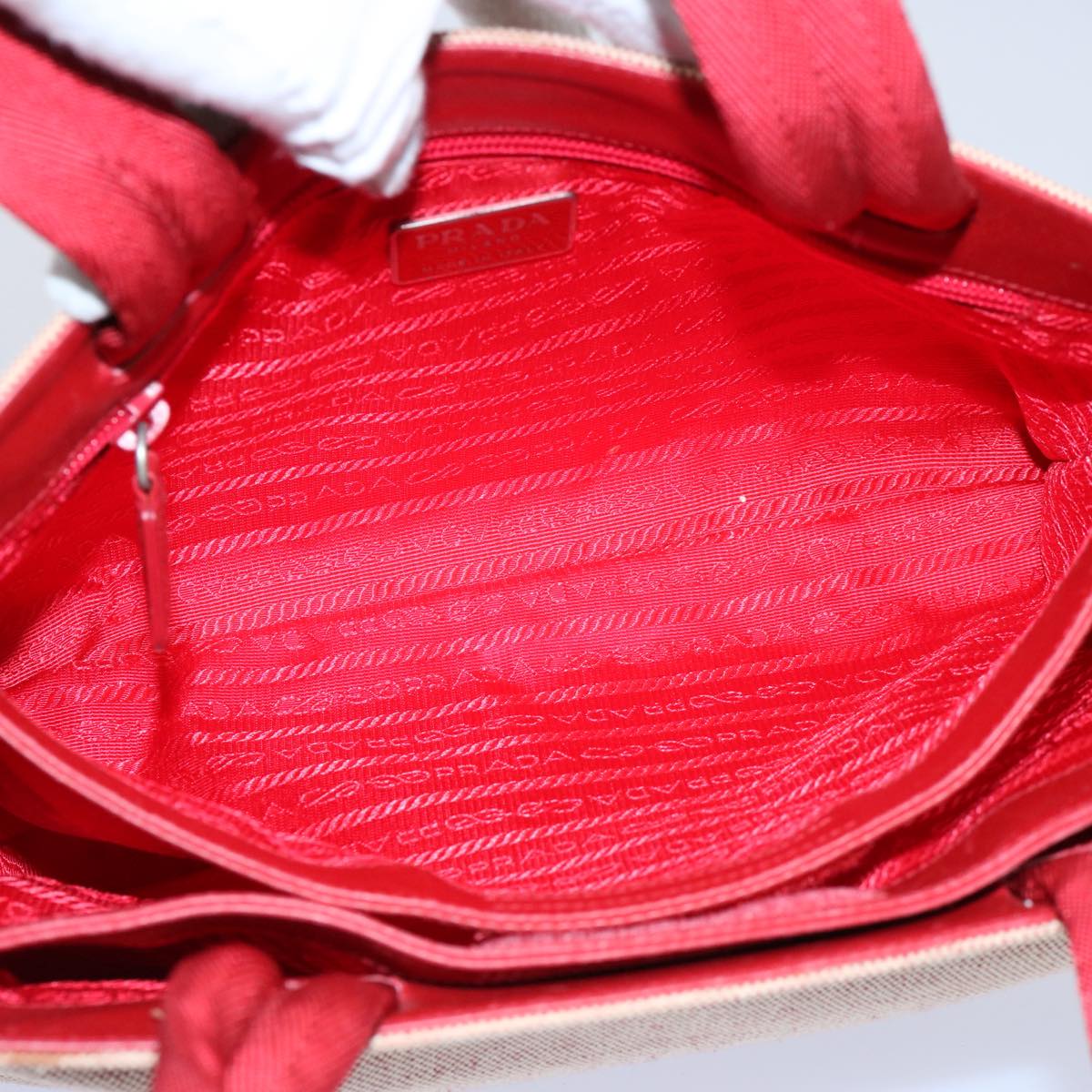 PRADA Sports Hand Bag Canvas Beige Red Auth 60037