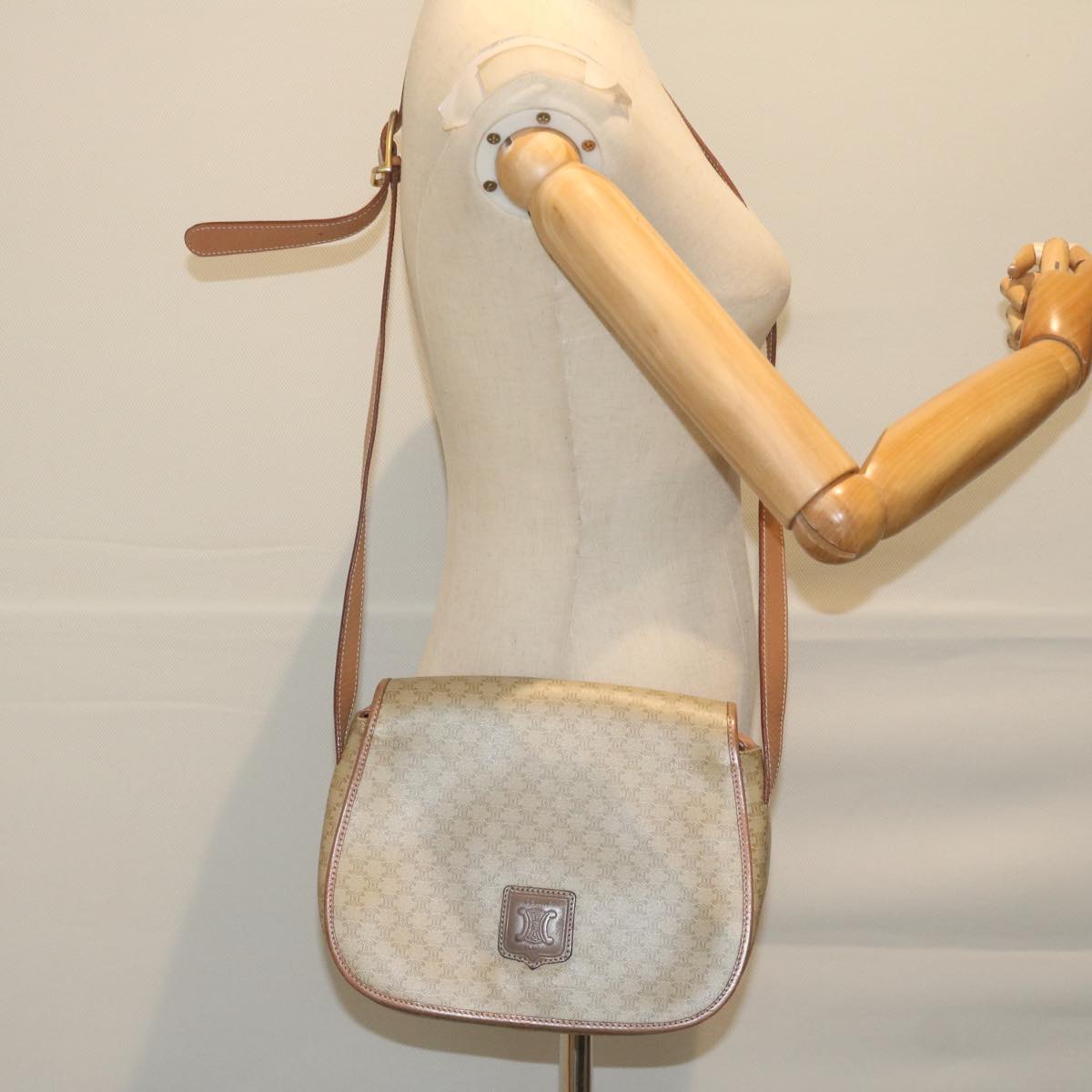 CELINE Macadam Canvas Shoulder Bag Beige Auth 60065