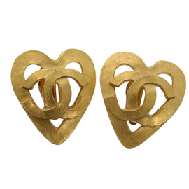 CHANEL heart Earring Gold Tone CC Auth 60077V