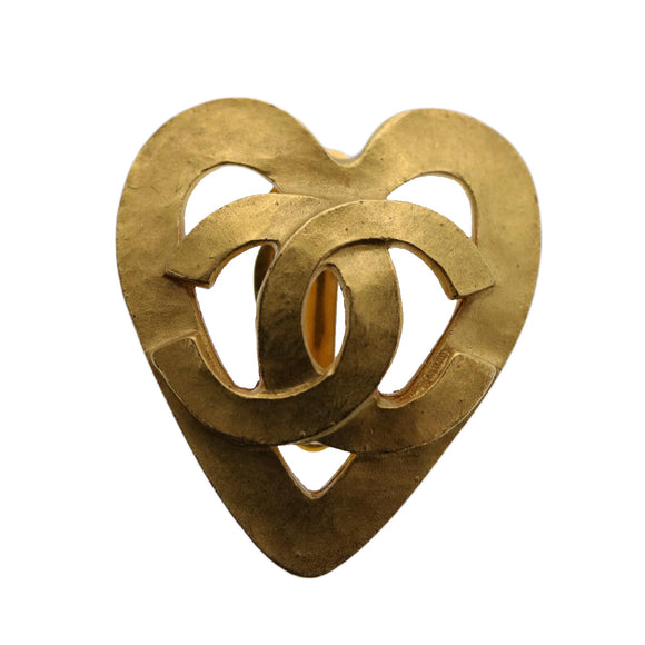 CHANEL heart Earring Gold Tone CC Auth 60077A