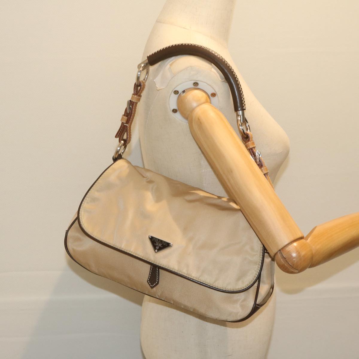 PRADA Shoulder Bag Nylon Beige Auth 60192