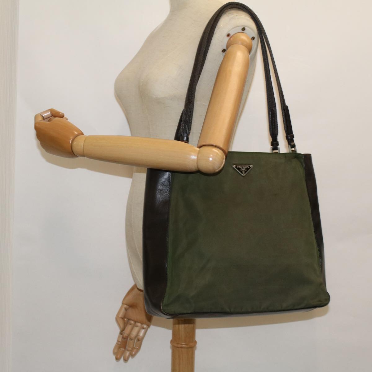 PRADA Hand Bag Nylon Khaki Auth 60401