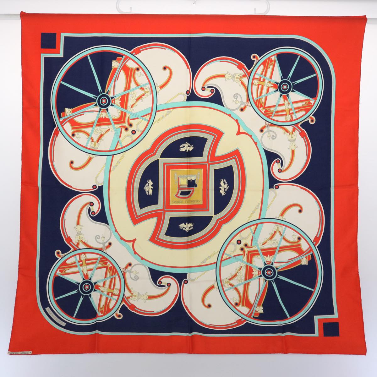 HERMES Carre 90 WASHINGTON'S CARRIAGE Scarf Silk Red Navy Auth 60587