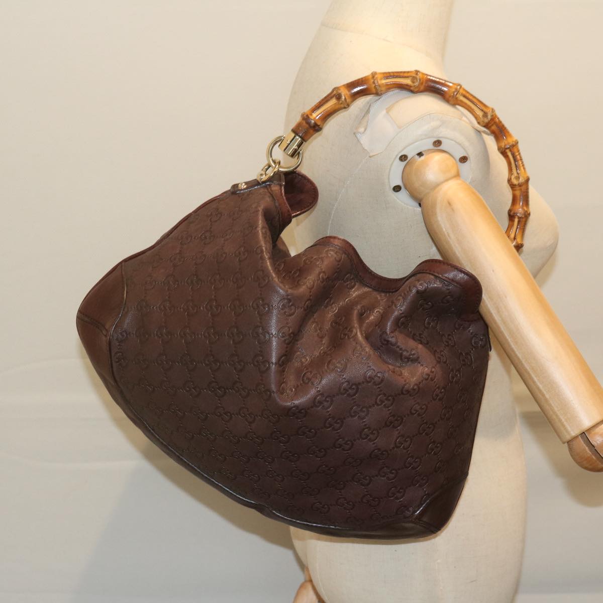 GUCCI GG Canvas Guccissima Bamboo Shoulder Bag Brown 169961 Auth 60691