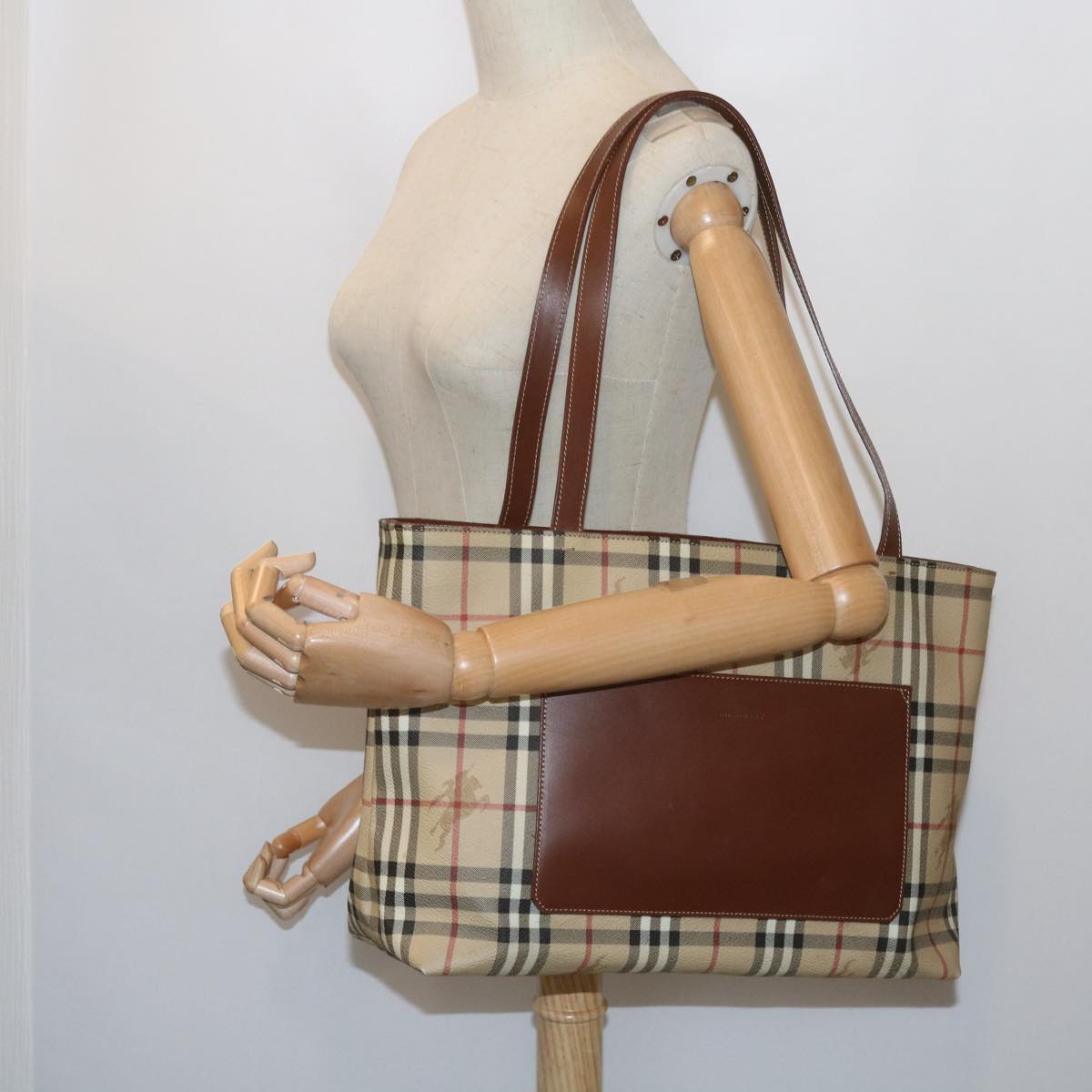 BURBERRY Nova Check Tote Bag PVC Leather Beige Auth 60694