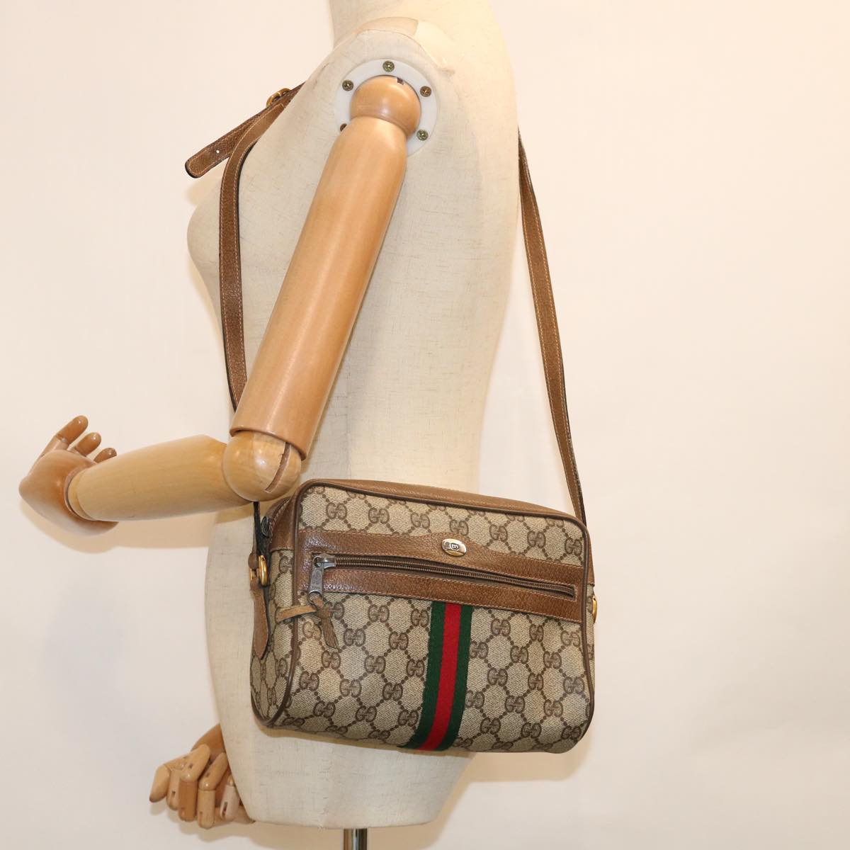 GUCCI GG Supreme Web Sherry Line Shoulder Bag Beige Red 56 02 004 Auth 60741