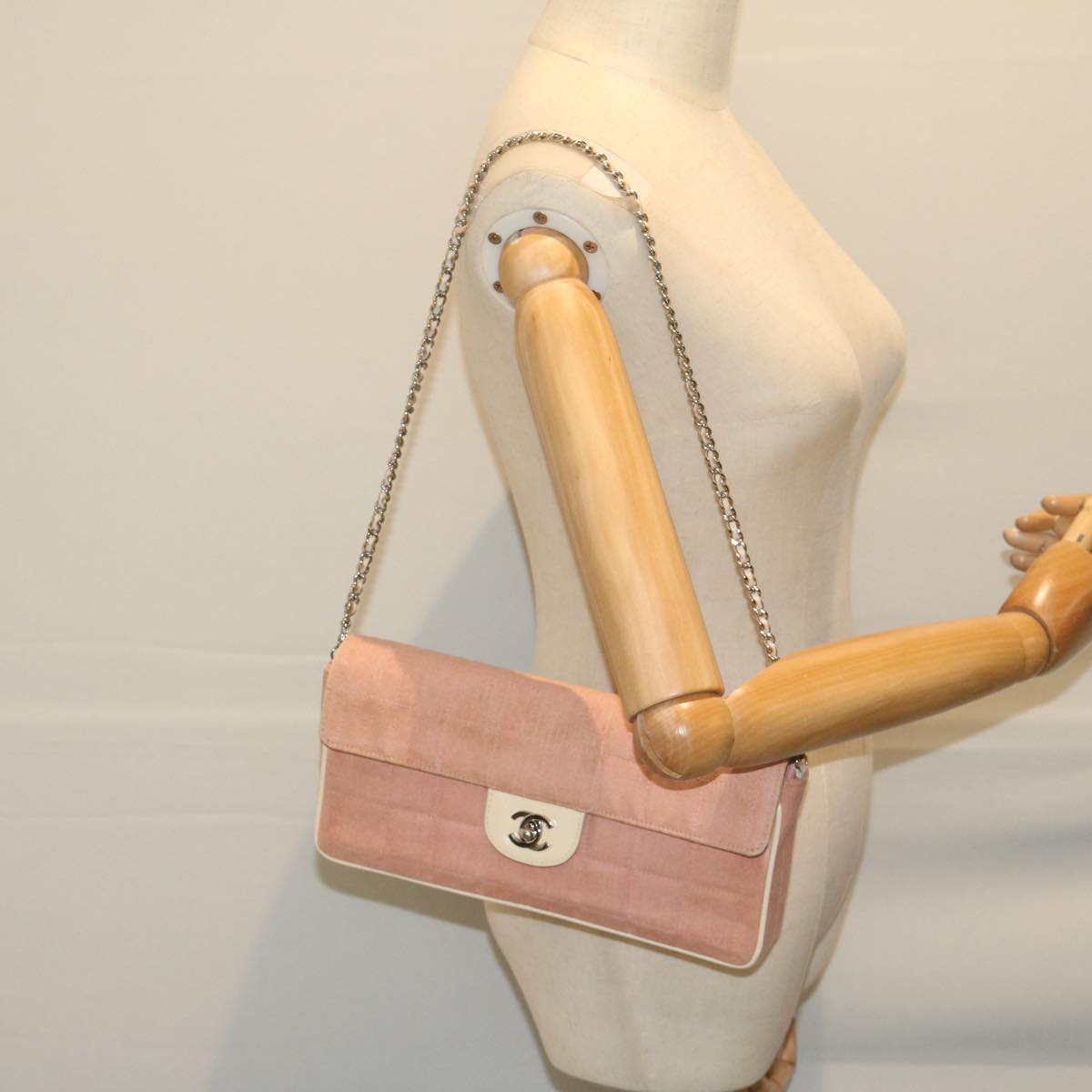 CHANEL Chain Choco Bar line Shoulder Bag Canvas Pink CC Auth 60748A