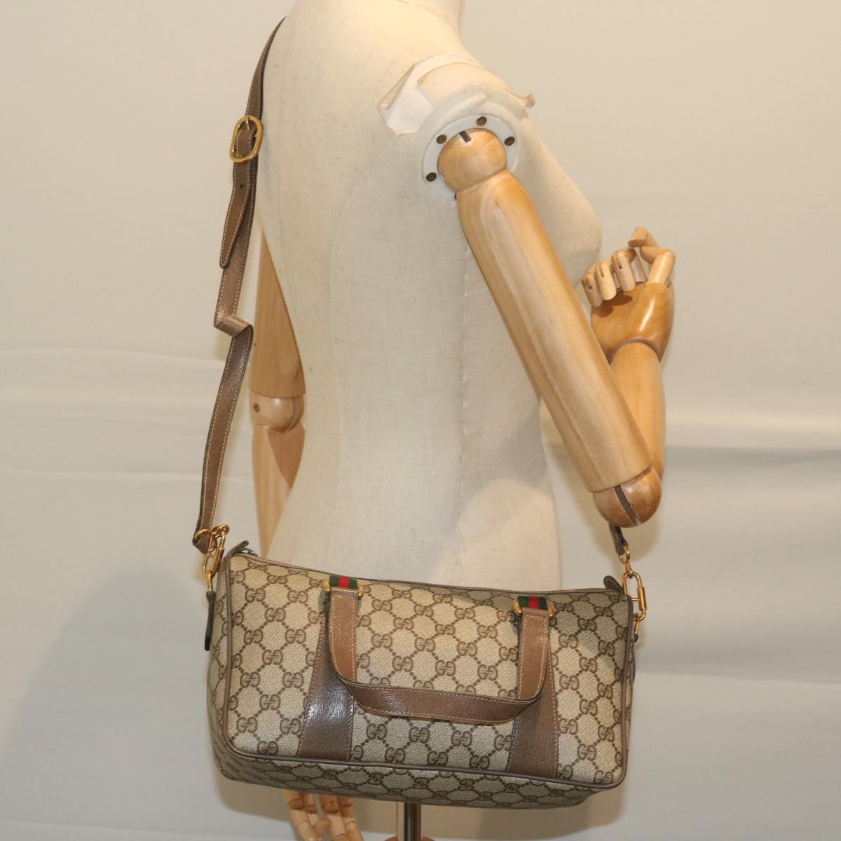 GUCCI GG Supreme Web Sherry Line Hand Bag 2way Beige Red 39 02 040 Auth 60876