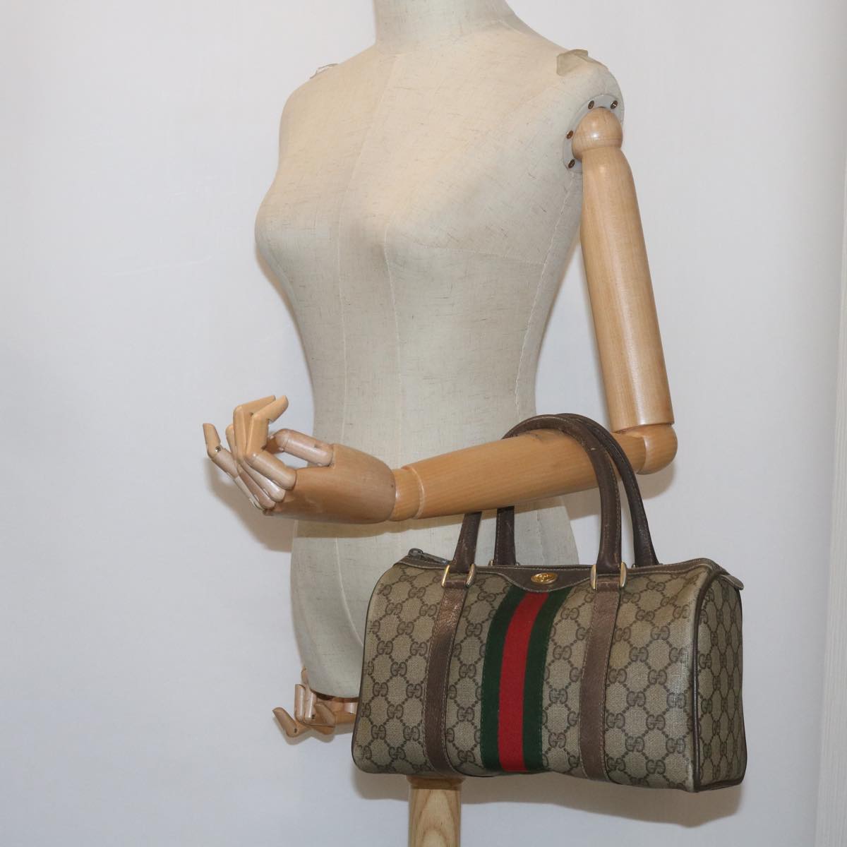 GUCCI GG Supreme Web Sherry Line Hand Bag Beige Red Green 69 02 006 Auth 60884