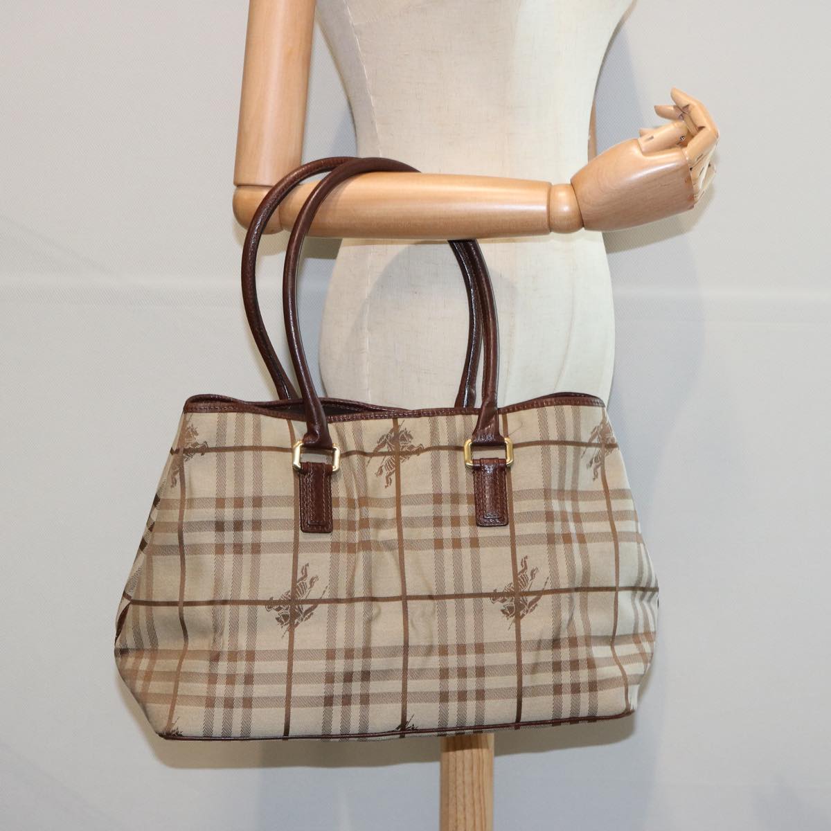 BURBERRY Nova Check Tote Bag Canvas Beige Auth 60965