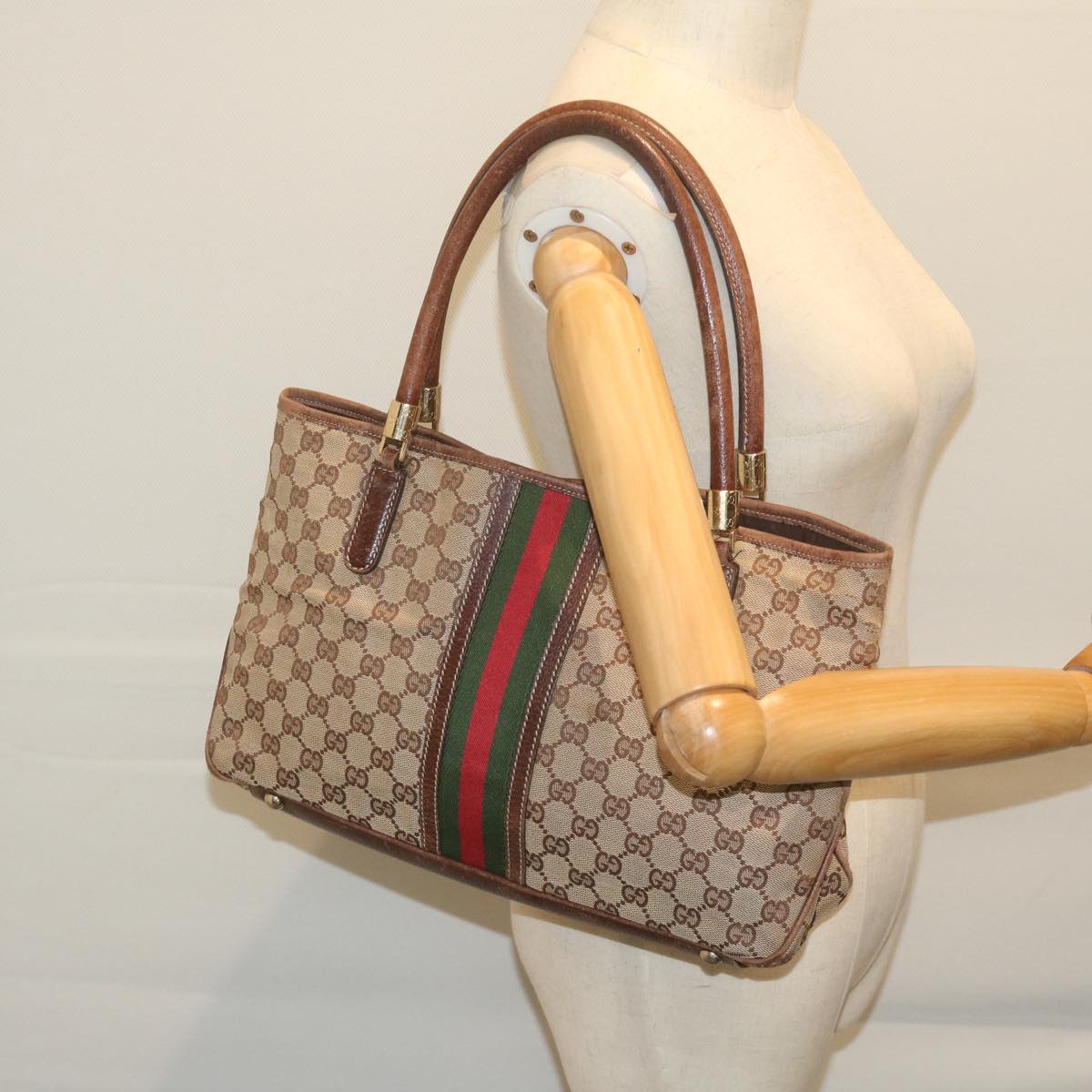 GUCCI GG Canvas Web Sherry Line Tote Bag Beige Red Green 161717 Auth 61031