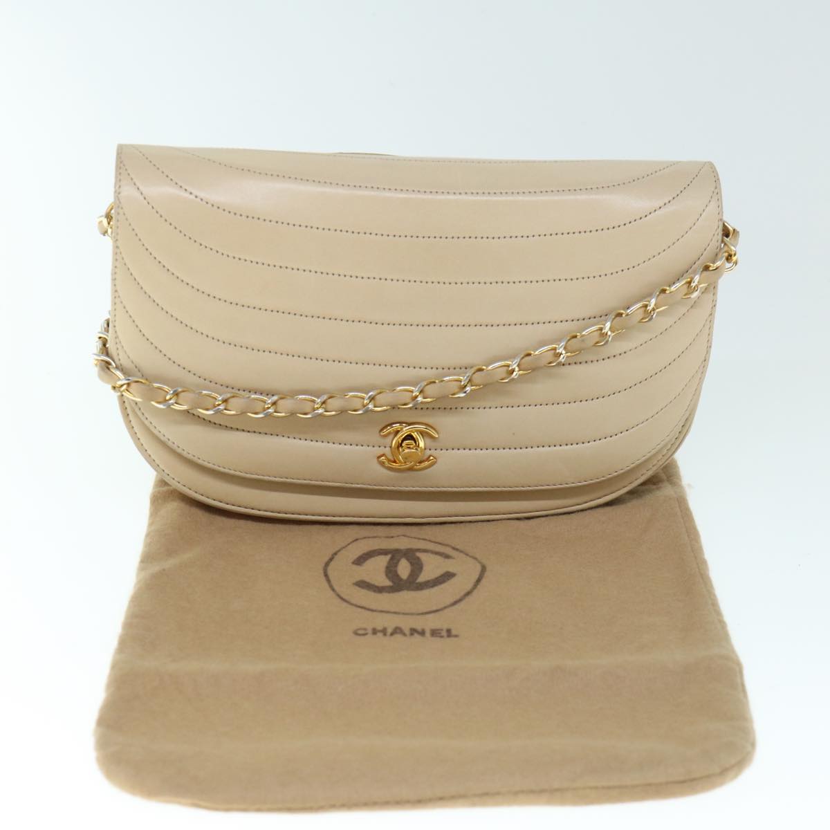 CHANEL Turn Lock Half Moon Chain Shoulder Bag Lamb Skin Beige CC Auth 61109