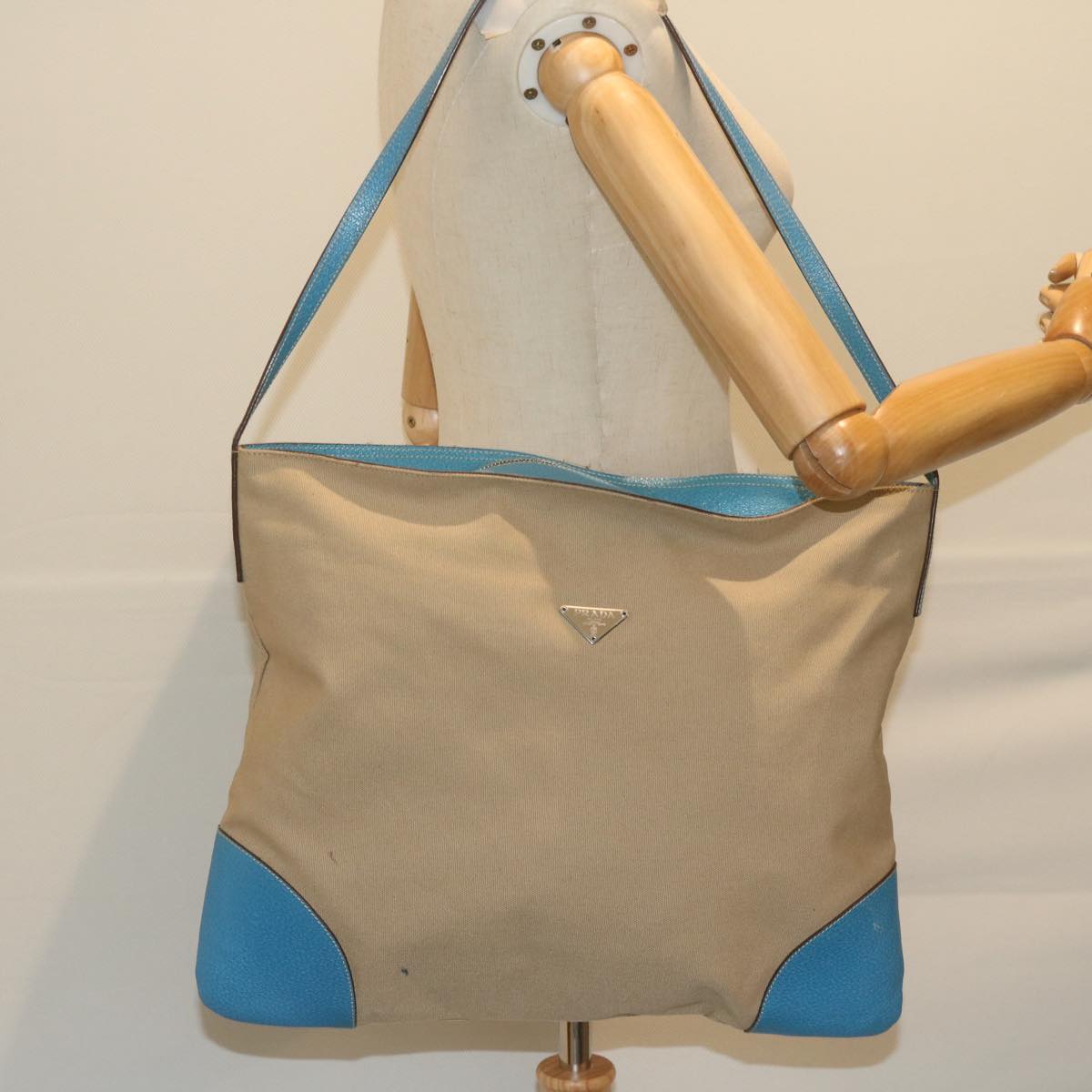 PRADA Shoulder Bag Canvas Beige Light Blue Auth 61240