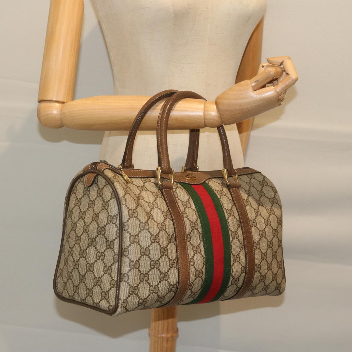 GUCCI GG Canvas Web Sherry Line Hand Bag PVC Beige Red Green Auth 61347