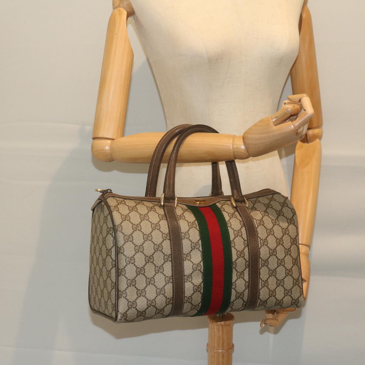 GUCCI GG Canvas Web Sherry Line Hand Bag PVC Beige Red Green Auth 61348