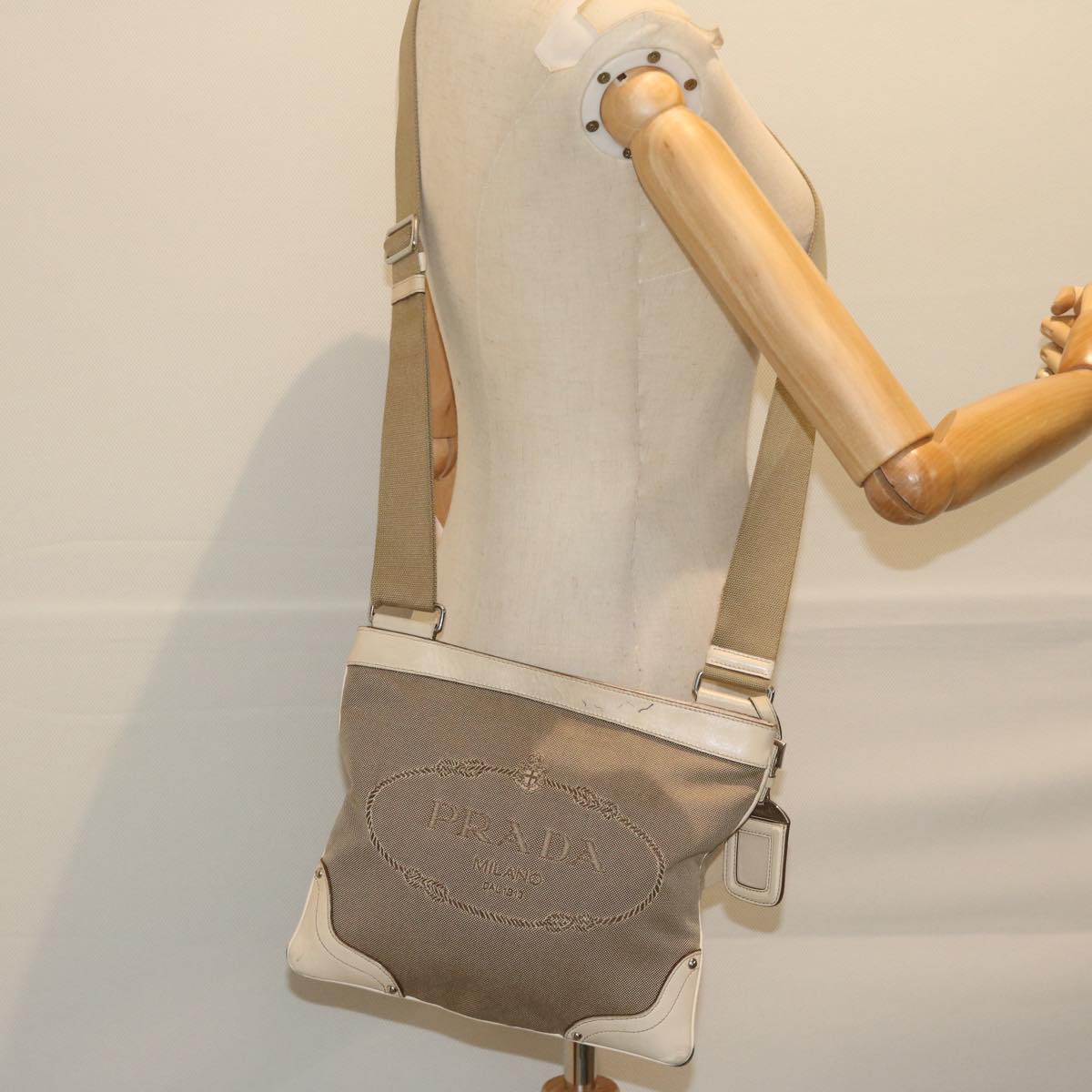 PRADA Shoulder Bag Canvas Beige Auth 61623