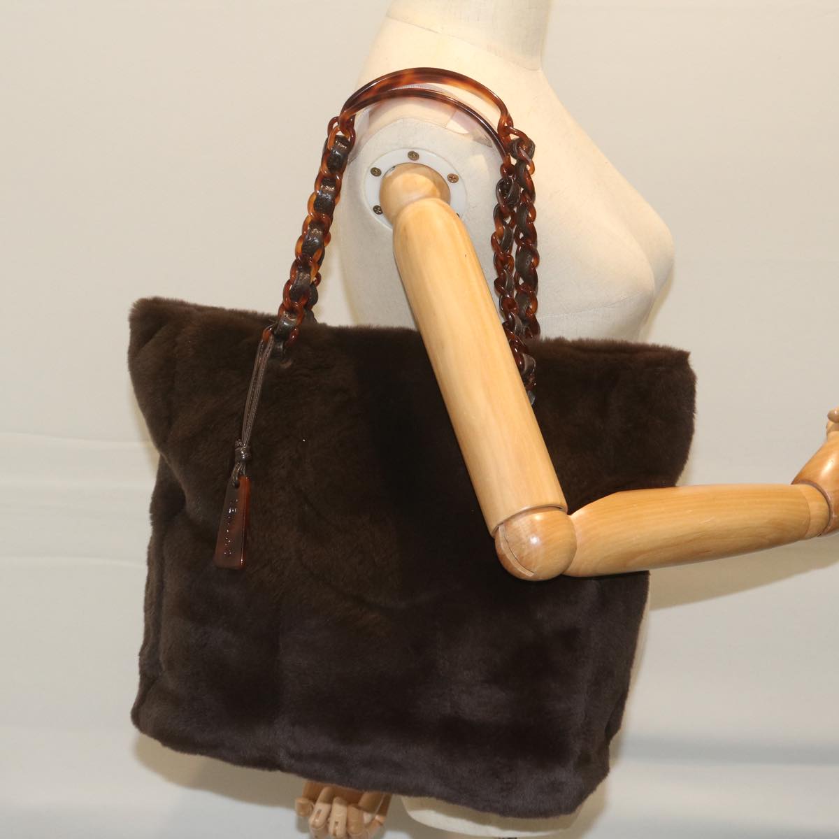 CHANEL Tote Bag Fur Brown CC Auth 61881