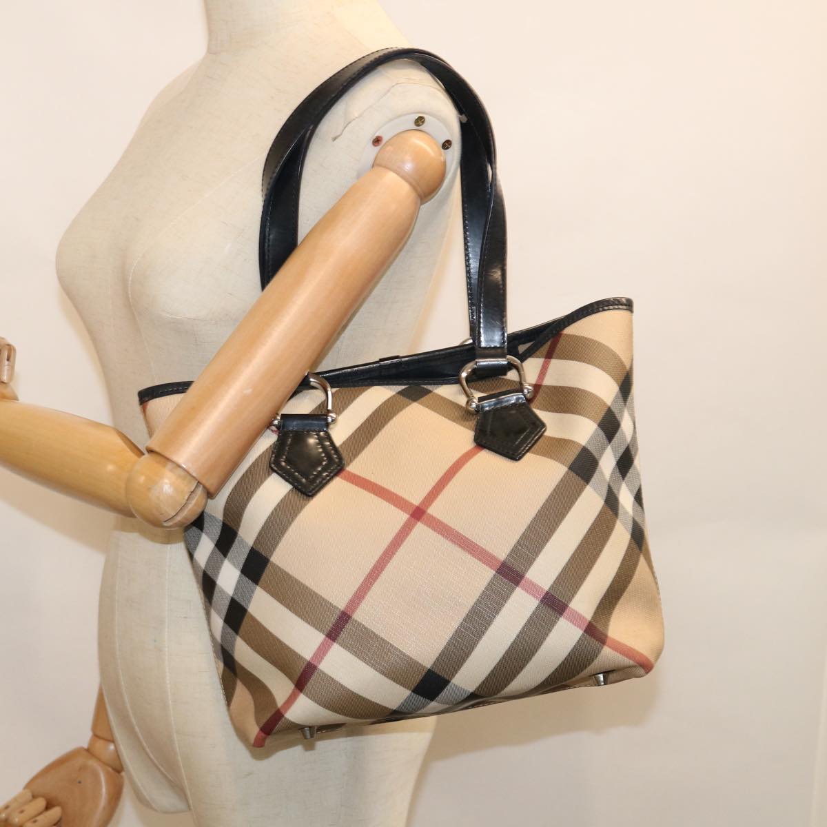 BURBERRY Nova Check Tote Bag Coated Canvas Beige Auth 61909