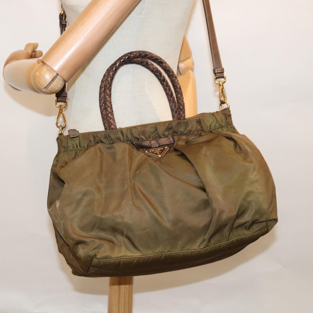 PRADA Hand Bag Nylon 2way Khaki Auth 62327