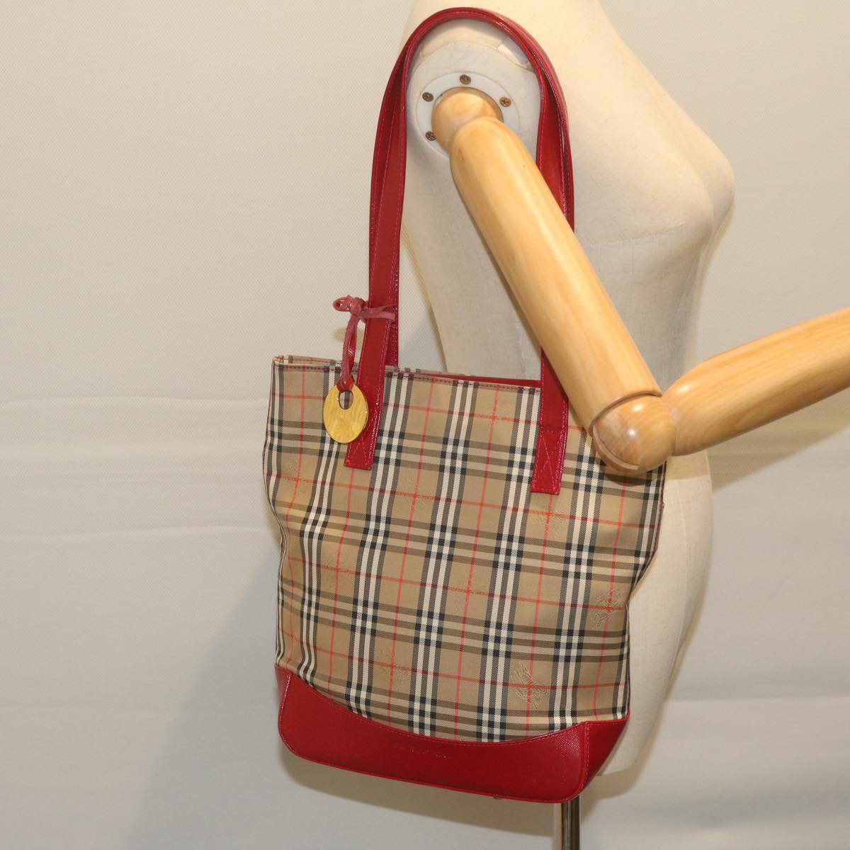 BURBERRY Nova Check Tote Bag Nylon Leather Beige Red Auth 62340