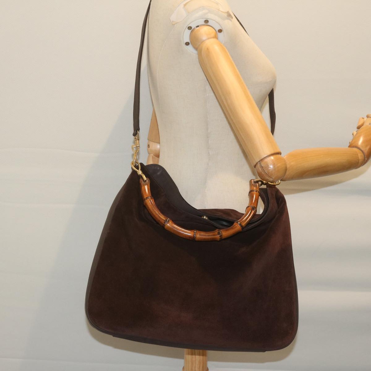 GUCCI GG Canvas Bamboo Shoulder Bag Suede 2way Brown 001.2404.1577.0 Auth 62432