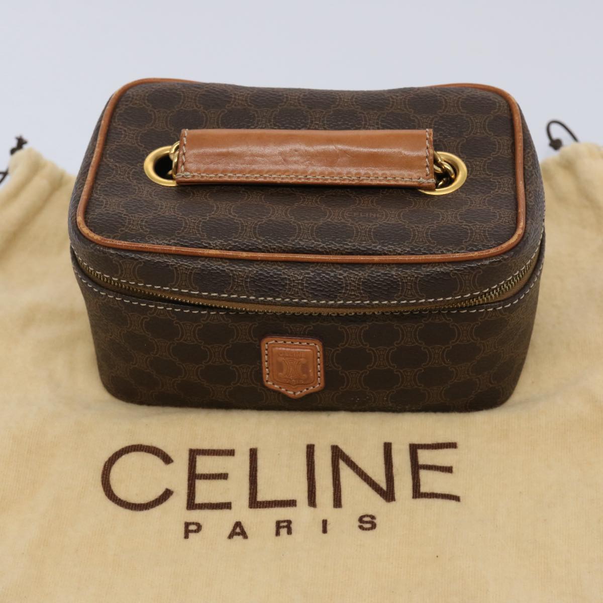 CELINE Macadam Canvas Vanity Cosmetic Pouch PVC Leather Brown Auth 62674